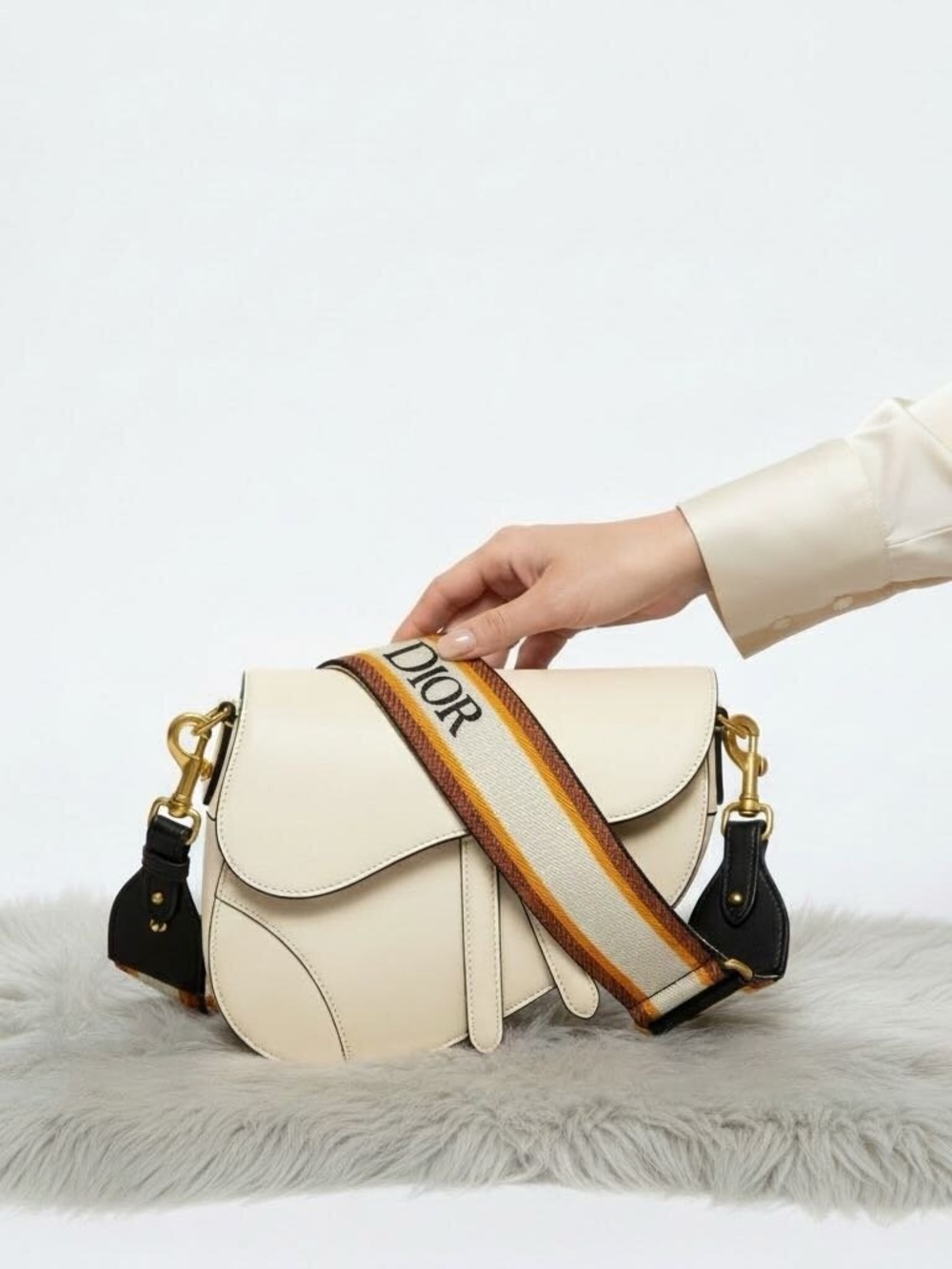 Dior Saddle Embrioder White, Yellow & Brown Striped Canvas Shoulder Strap